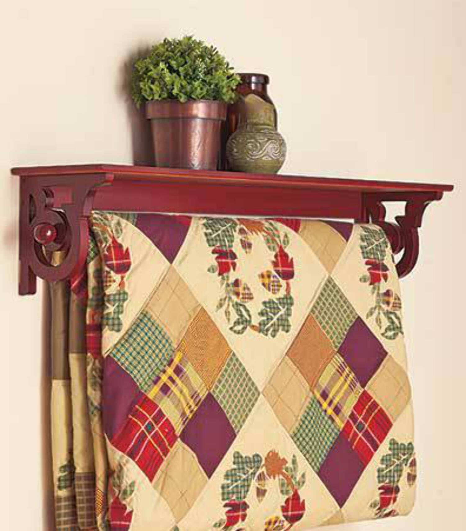 Deluxe Quilt Rack Wall Hanging with Shelf - Walnut 