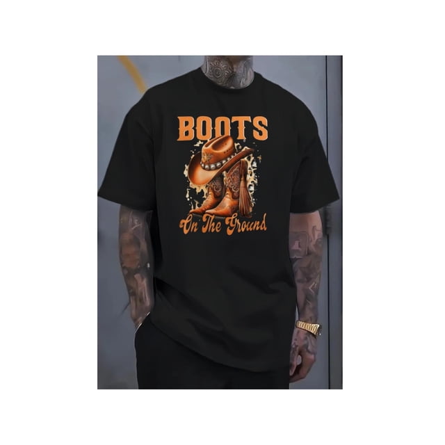 Men's Western Cowboy Boots Graphic T-Shirt - "Boots on The Ground" Design, White Crew Neck Short Sleeve Tee for Casual & outdoor Wear - Comfortable, Breathable, oversized Fit for Men