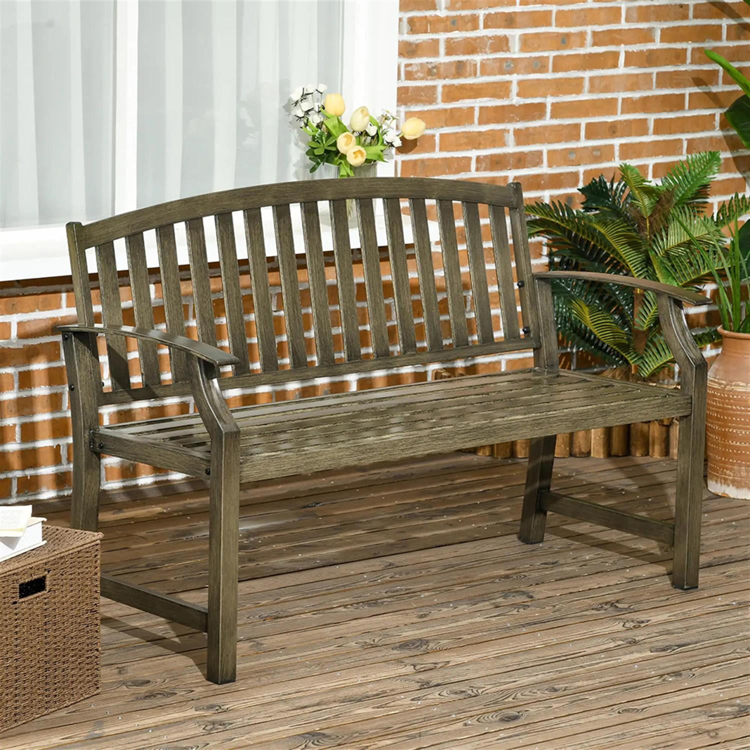 Demi Bonn 2-Person Patio Garden Bench Metal Porch Bench, Outdoor Benches Furniture with Wood Look for Backyard, Park, Lawn, Yard, Black