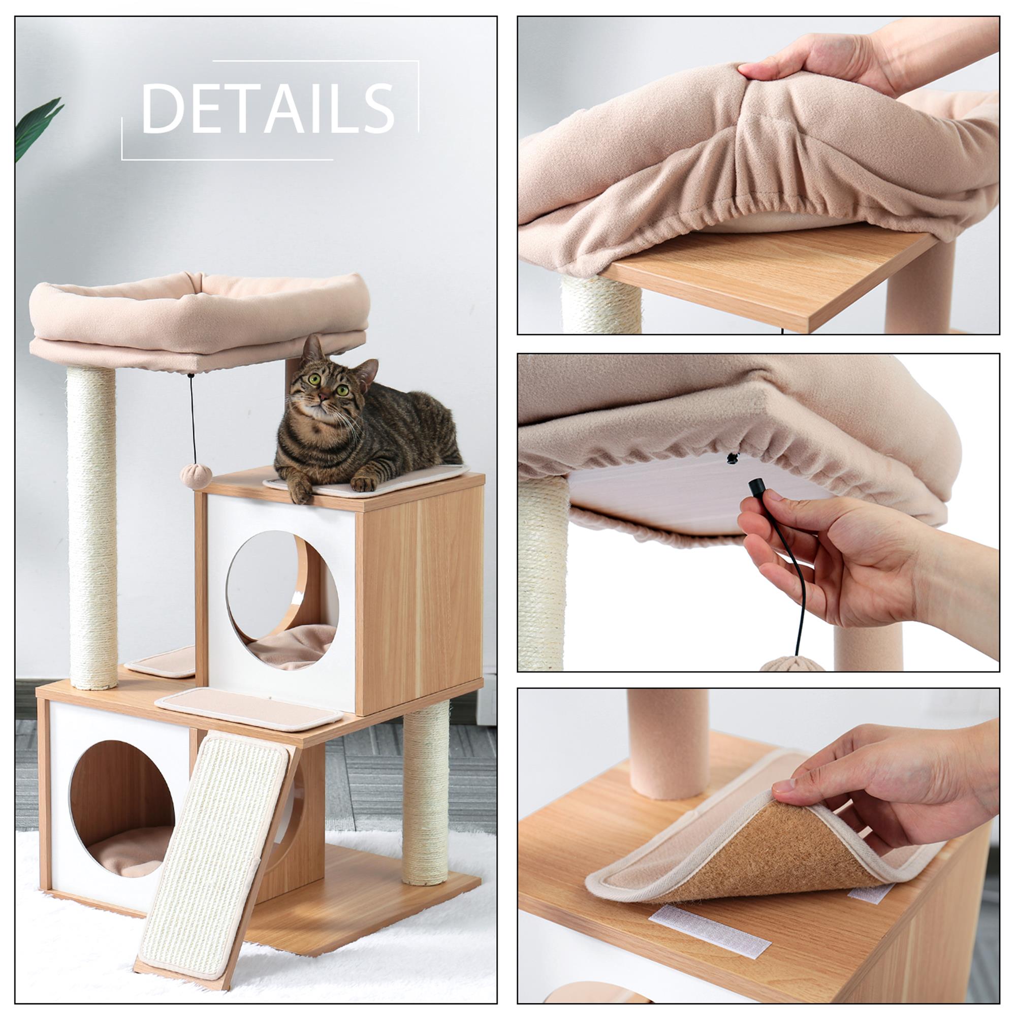 Kadyn 35" Cat Tree Houses for Indoor Cats Wooden Cat Tower Featuring 2 Condo, Removable Soft Perches Kittens, Beige