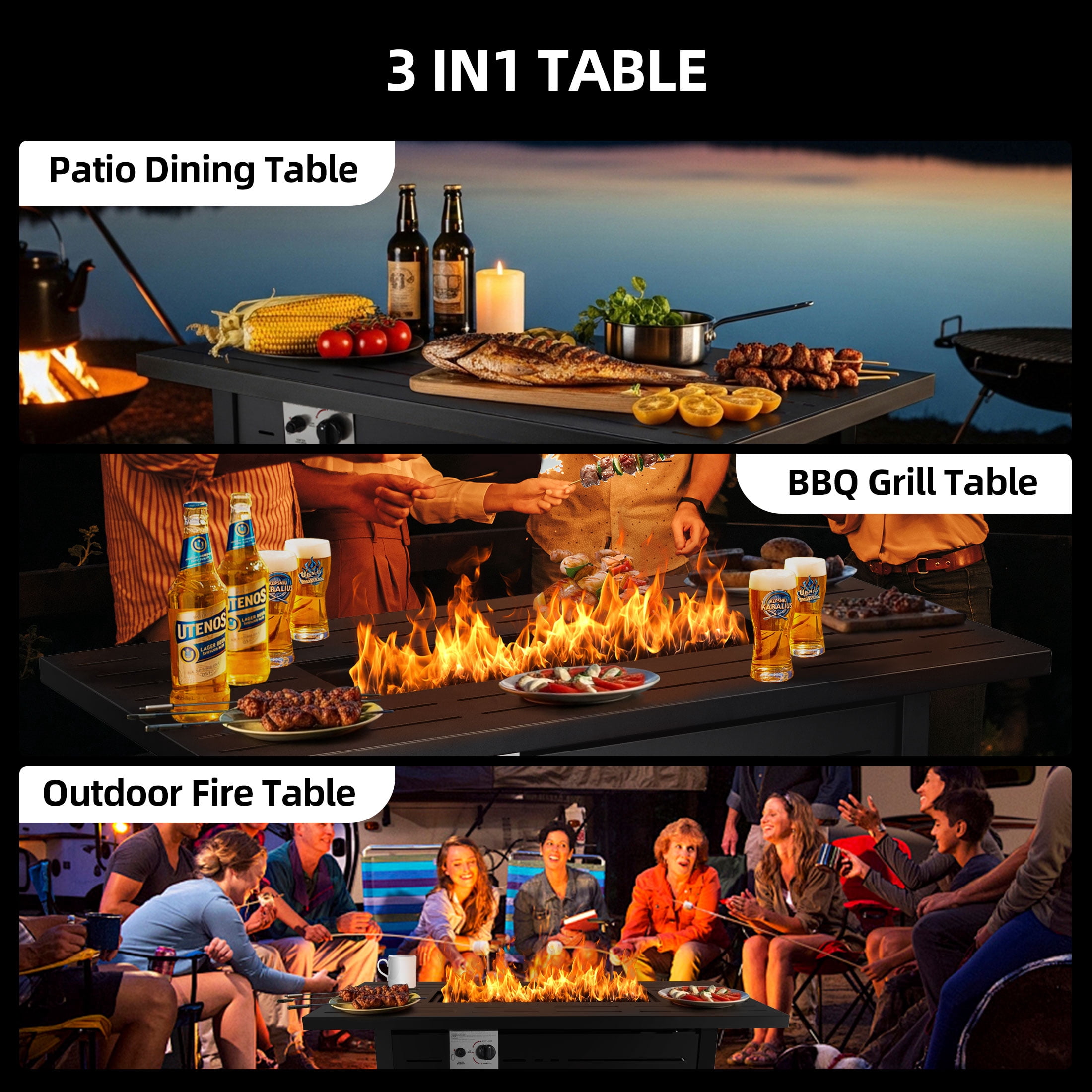 LHRIVER 43" Propane Fire Pit Table, 50,000 BTU Outdoor Windproof Gas Fire Pit with Lid, Smokeless  Glass Rocks, Cover