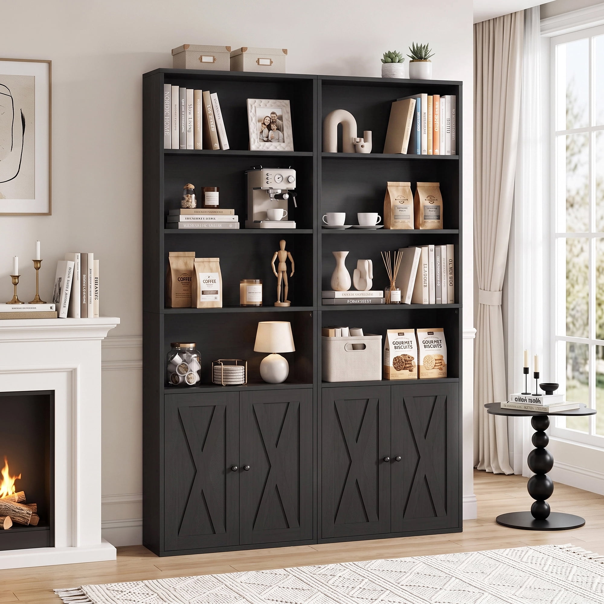 Walsunny 2PCS Bookcase with Doors, 6-Tier Bookshelf with Storage, Farmhouse Bookshelves with Cabinet, Storage Display Shelf for Living Room Home Office, Black
