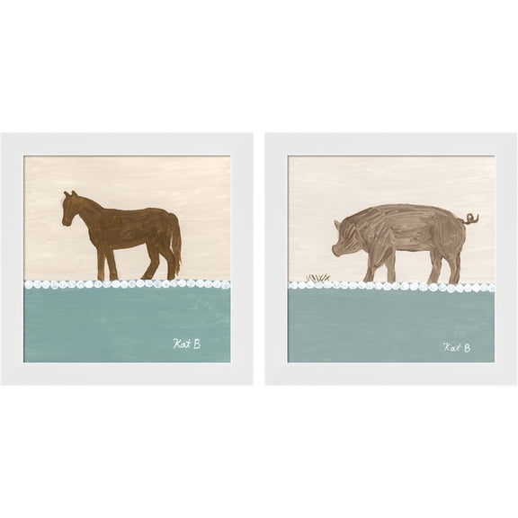 Great Art Now Out to Pasture - Brown Horse & Pig by Kathleen Bryan, 2 Piece Framed Art Set Each 14"W x 14"H
