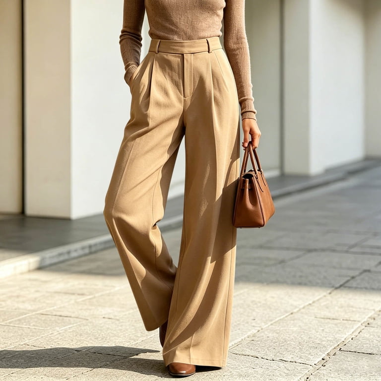 high waisted khaki dress pants Qolati Wide Leg for Women Stretchy Pants Business Casual Pleated Slacks Flowy Work Palazzo Pants with Pockets XXL Sub_Category_Kurta_Set_Womenswear