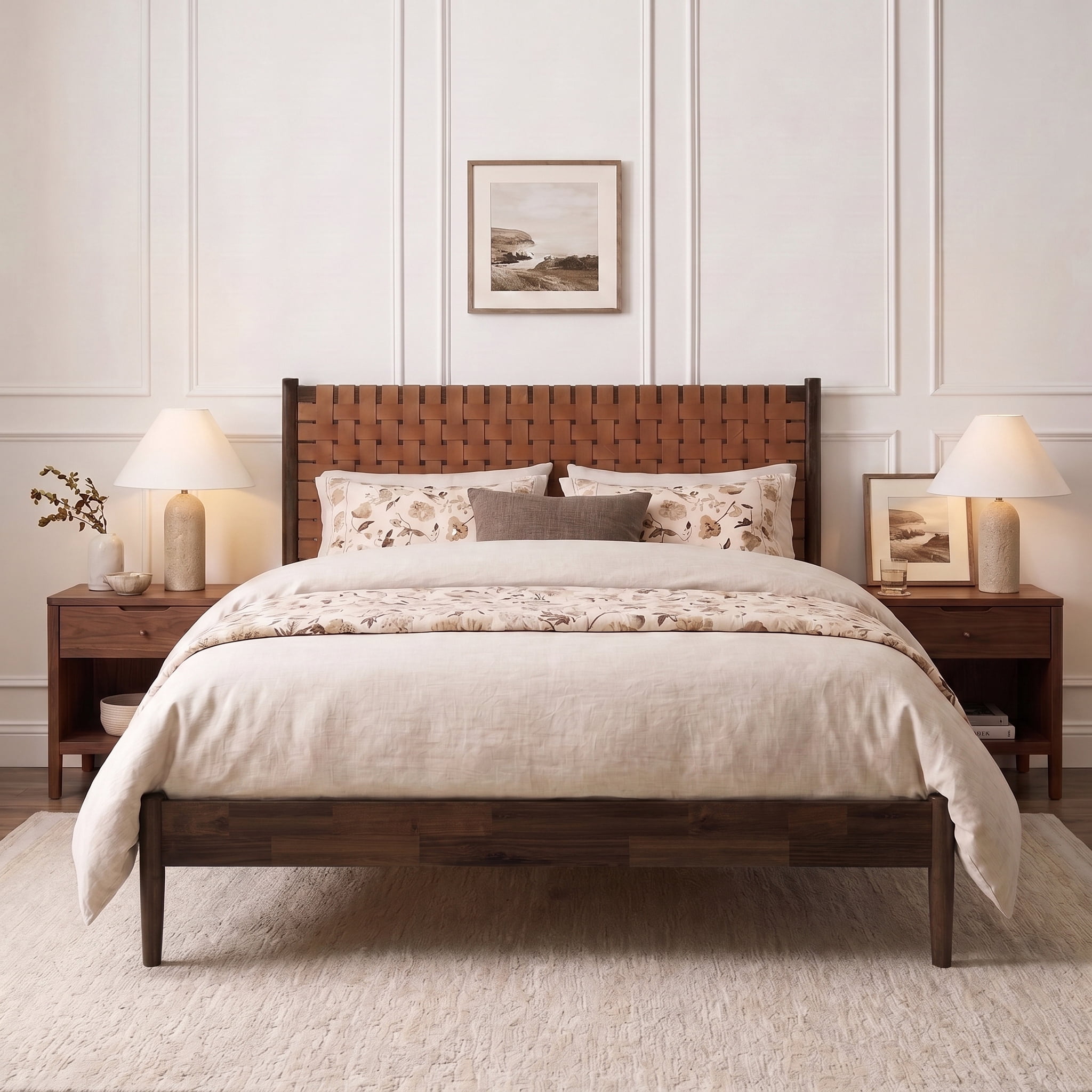 Euroco Solid Acacia Wood Queen Size Platform Bed, Mid-Century Modern Style Bed with Hand-Woven Vegan Leather Headboard, No Box Spring Needed, Dark Brown