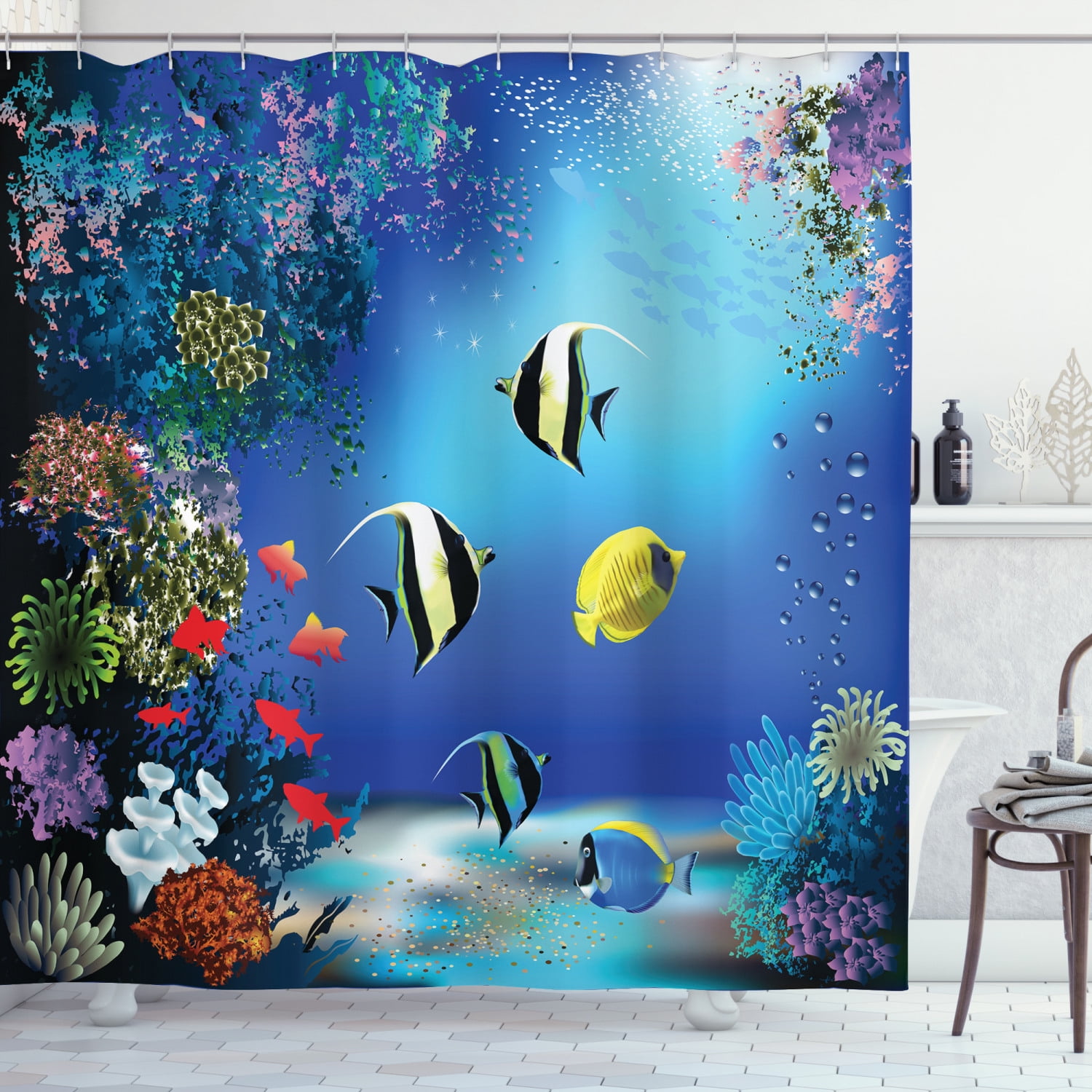 Underwater World Cartoon Fish Bathroom Fabric Shower Curtain Set w/ Free Hooks 