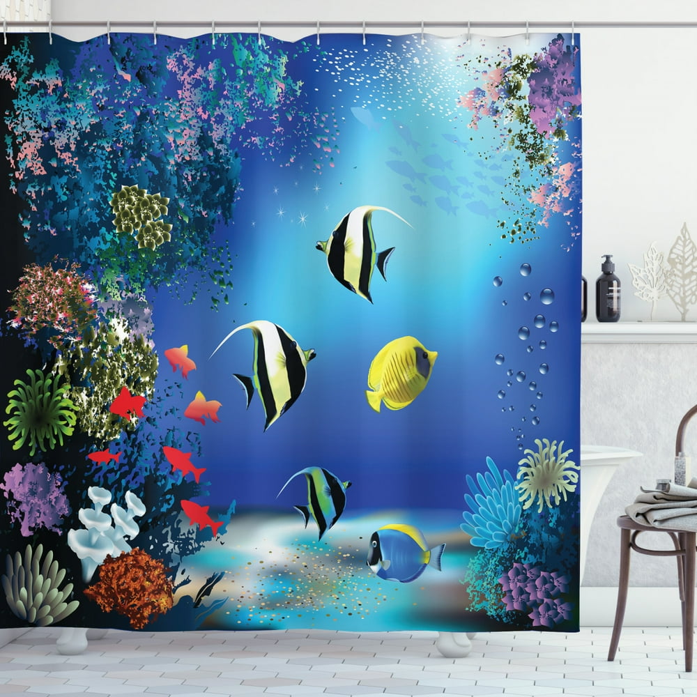 Underwater Shower Curtain, Tropical Undersea with Colorful Fishes