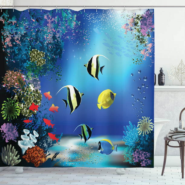 Underwater Shower Curtain Tropical, Shower Curtains Fish Ocean Blue