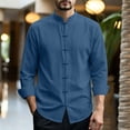 thumbnail image 2 of Timoontee Men Mandarin Collar Frog Button Long Sleeve Linen Shirt Loose Relaxed Fit Breathable Oriental Vintage Daily Resort Casual Tops Blue S, 2 of 9