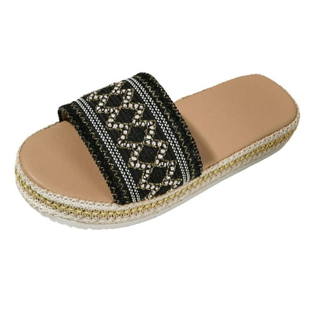 OJSFQUFP Sandals Womens Ladies Fashion Ethnic Style Woven Print Open Toe Flat Bottom Beach Sandals Soft Sole Outdoor Beach Shoes Comfy Slippers Black 41