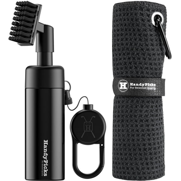 Golf Club Cleaner with Water Bottle Holds 5.5 OZ, Heavy Duty Metal Retractable Magnetic Clip, Waffle Microfiber Golf Towel, Water Brush Combo Kit, Black