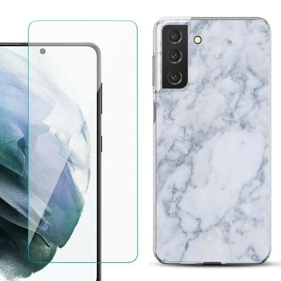 Slim-Fit TPU Fashion Phone Case for Samsung Galaxy S21 FE 5G Fan Edition, with Tempered Glass Screen Protector, by OneToughShield ® - Marble / Clouds