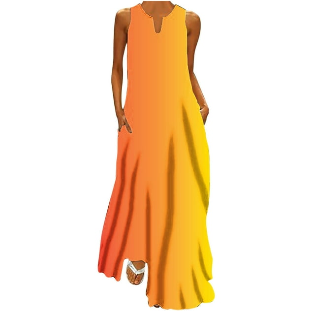 EQWLJWE Robe Longue pour Femmes Robe Décontractée Ample Imprimée Débardeur Plage Col en V avec Poches Robe d'Été Sans Manches