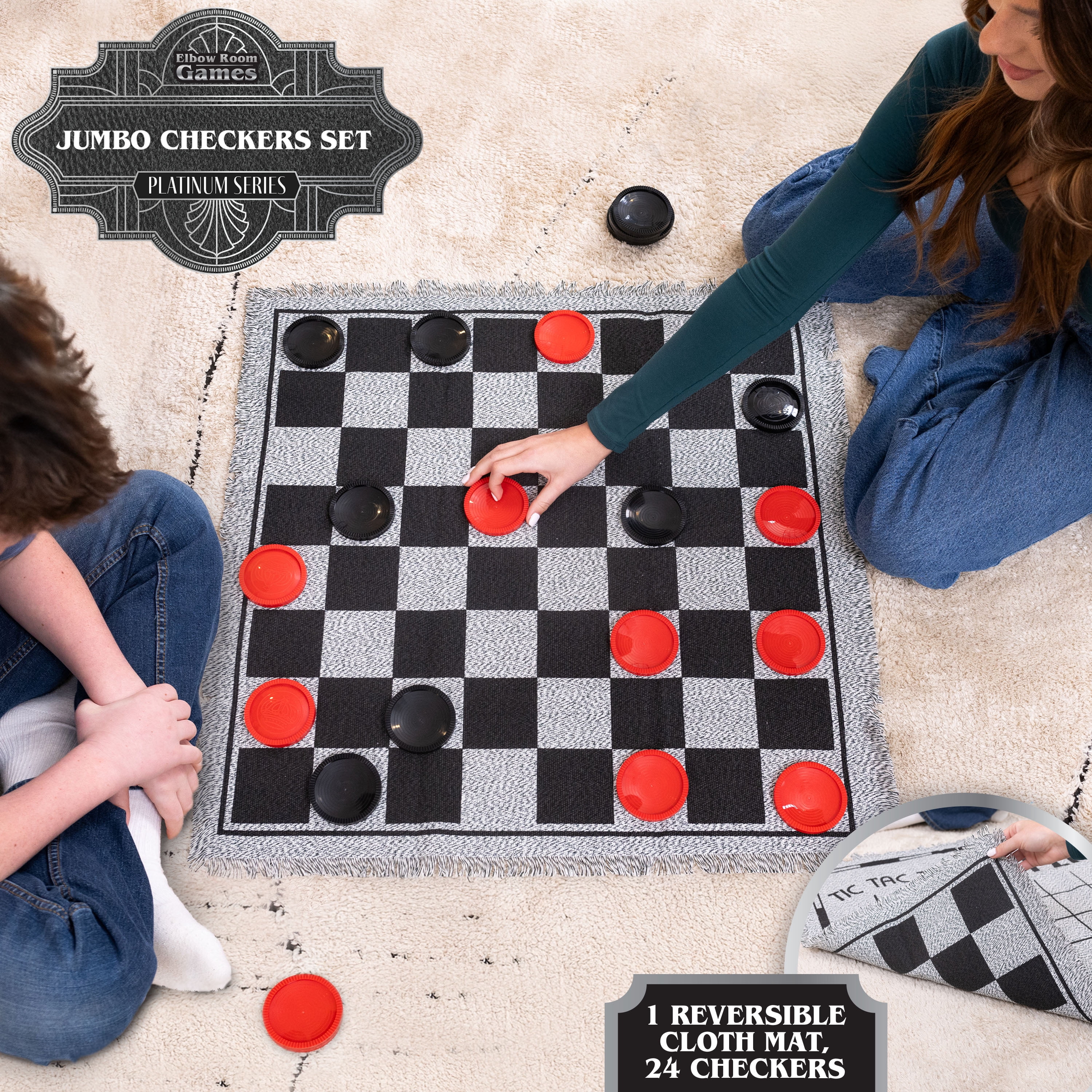 Elbow Room Games Jumbo Checkers Set with Double Sided Cloth Mat and Storage Bag – Includes 25 Extra Large Play Pieces for Outdoor & Indoor Family Events, Includes Tic Tac Toe Bonus Game