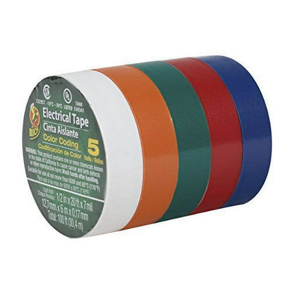 Duck Brand 299020 Colored Electrical Tape, 1/2-Inch by 20 Feet, 5-Pack of Rolls, Multi-Color