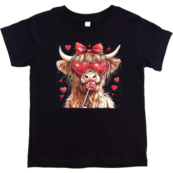 Cute Highland Cow Valentine's Day Shirt for Kids Hearts and Candy Tee for Girls Black Shirt 2T