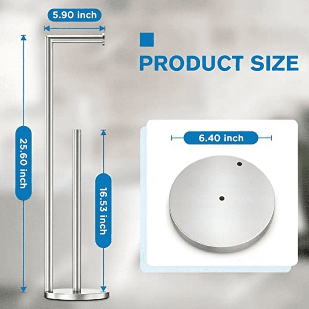 Freestanding Toilet Paper Holder Stand with Storage, Brushed Nickel Finish, Modern Bathroom Organizer for Tissue Roll Dispenser and Extra Storage Space
