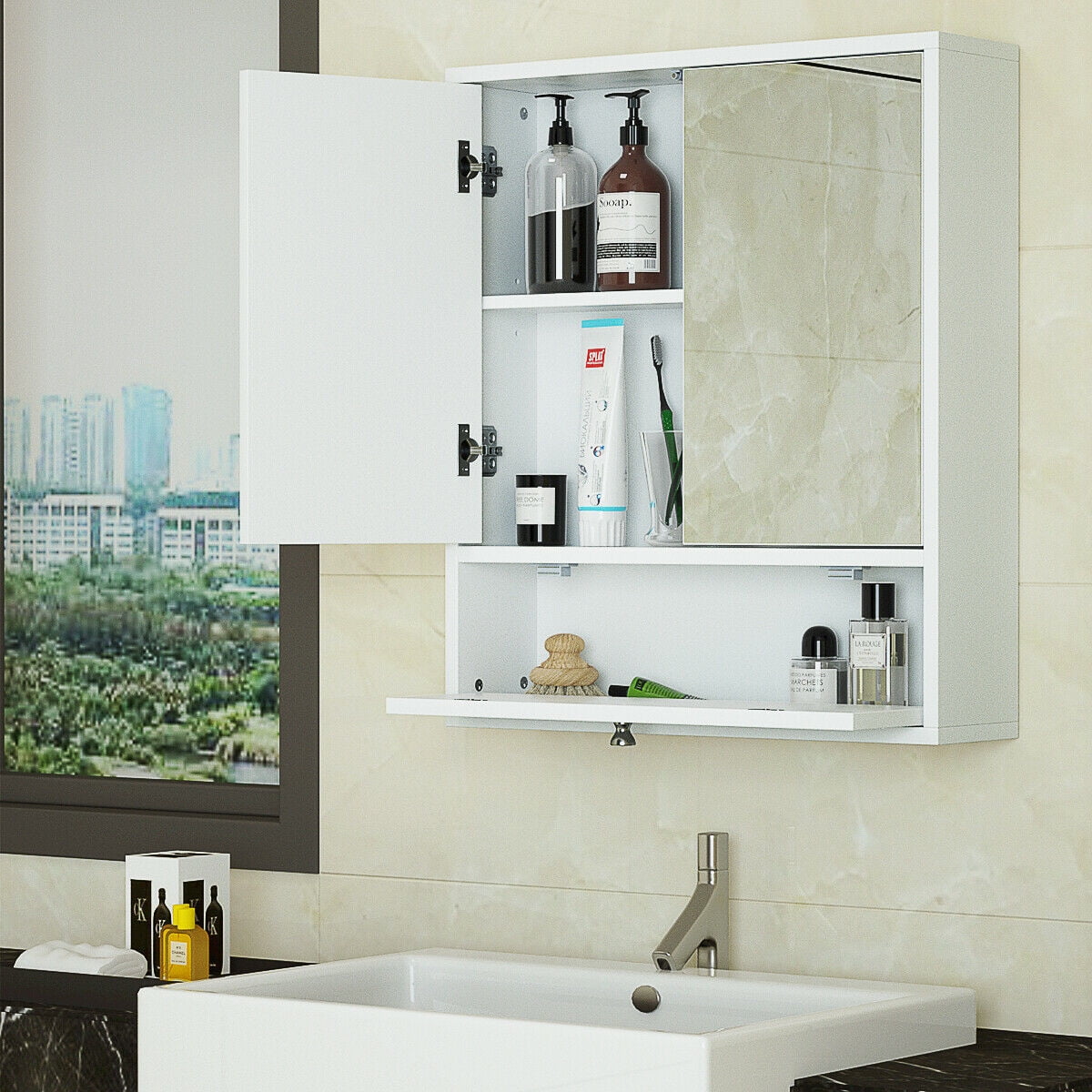Costway Bathroom Cabinet Medicine Cabinet Double Mirror Door Wall Mount Storage Wood Shelf White