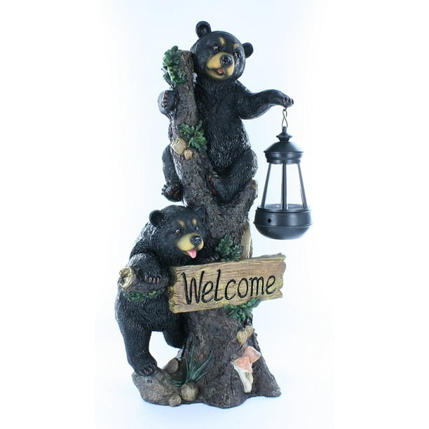 Large Black Bears Sign / Statue with Solar LED Lantern Bear