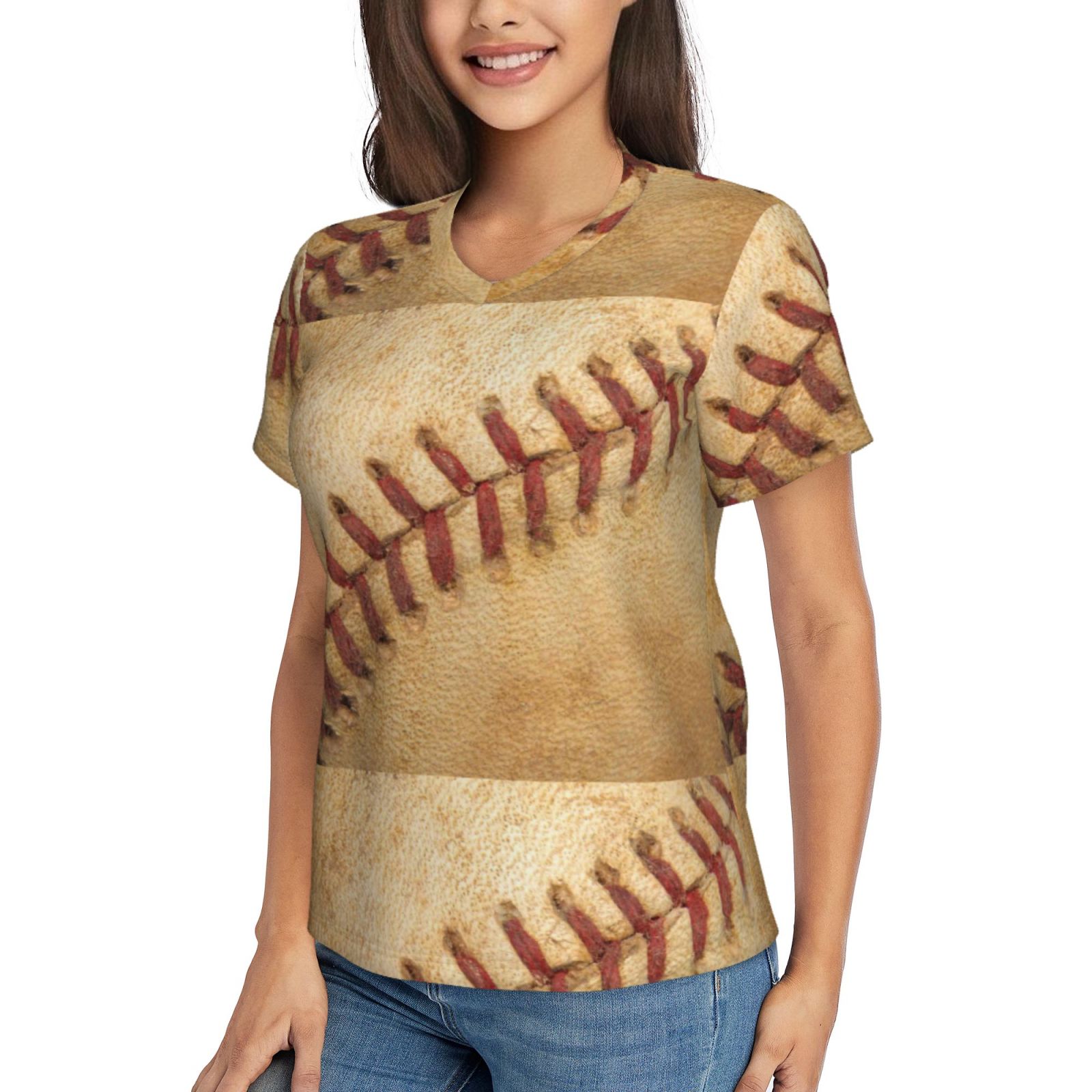 Vsdgher Vintage Baseball Women Shirts V Neck Short Sleeve Tops T-Shirt Basic Tees, S to 3XL