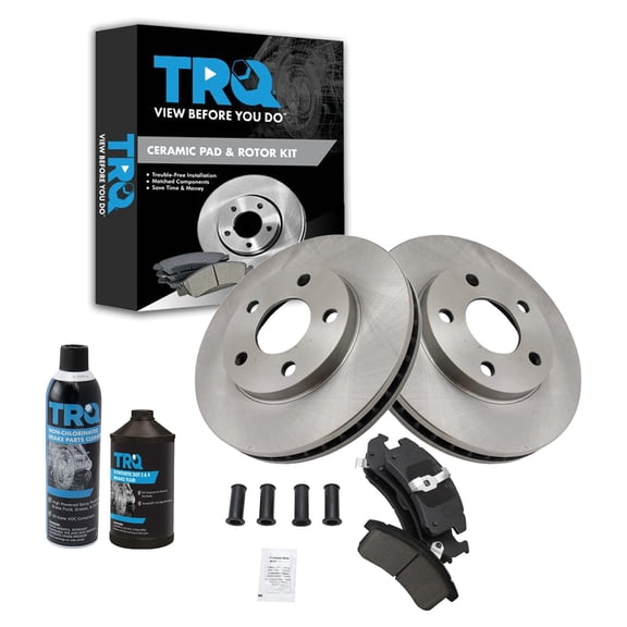 TRQ Front Ceramic Brake Pad & Rotor Kit w/Fluids for Buick Cadillac Chevy Olds BKA17650