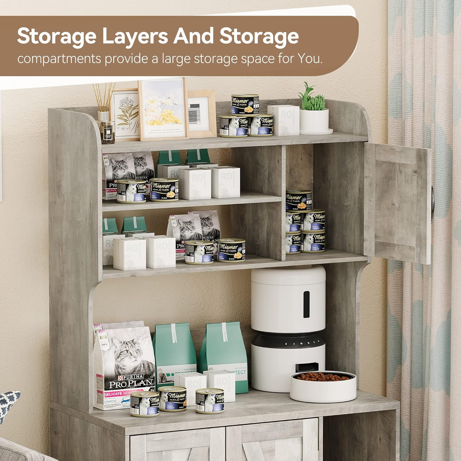 Litter Box Enclosure with Platform,51.1 inch Large Cat Litter Box Enclosure Furniture with 4 Layer Storage Shelves,Hidden Litter Box Cabinet,Multi-Functional Cat House & Washroom