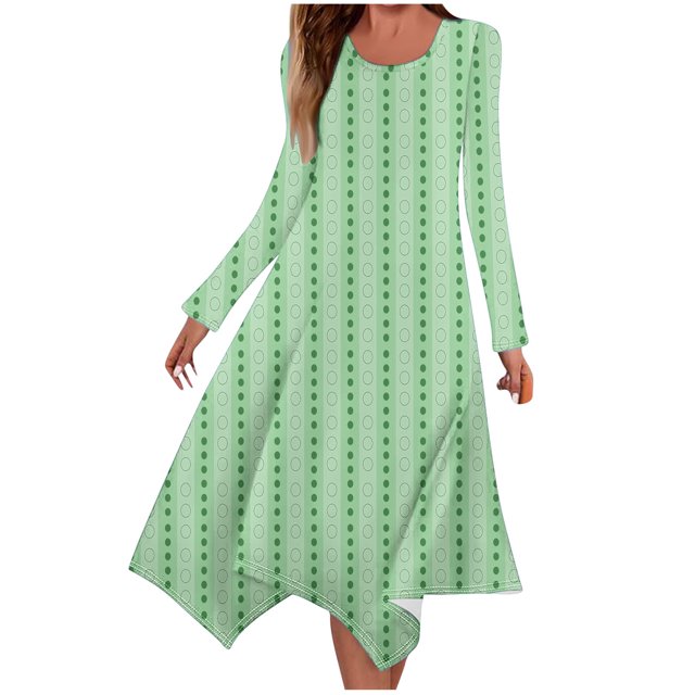 Long Dress with Sleeves,Summer Casual Dress,Ladies Fashion Printed Long Sleeved Round Neck Casual Irregular Dress