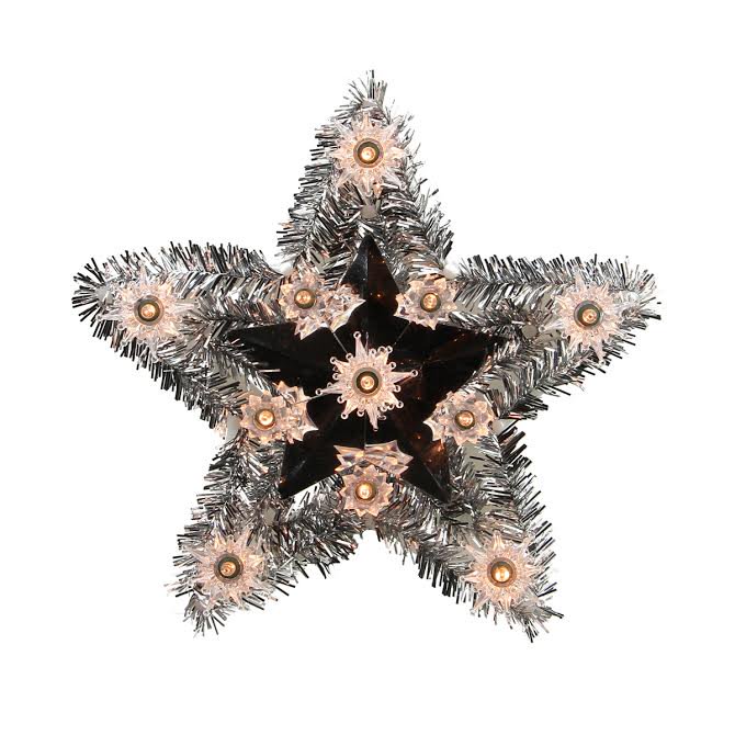 9" Lighted Silver Tinsel Star Christmas Tree Topper Clear Lights