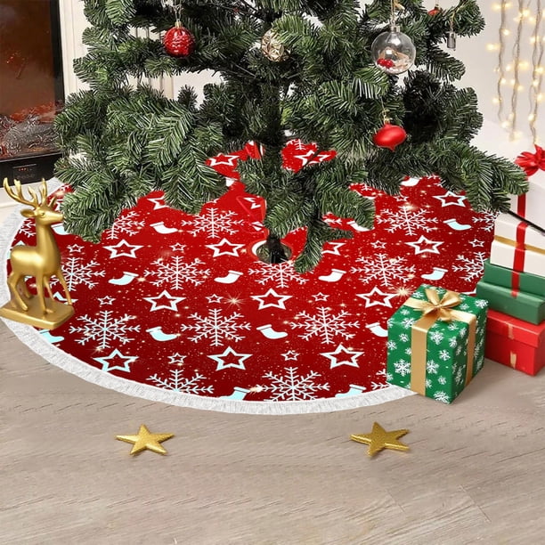 Uuiauoio 35-Inch Christmas Tree Skirt with Snowflake Design, Festive Red Fabric Base Cover for Holiday Parties and Home Decor, Tree Bottom Decoration for Seasonal Celebrations and Gift Displays