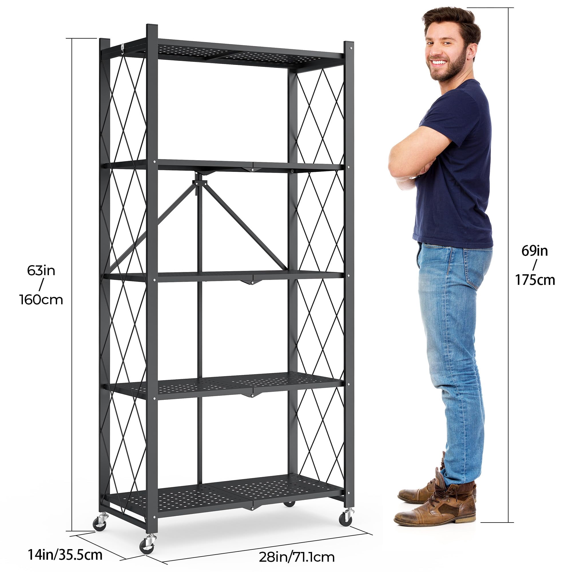 Furnibear 5-Tier Folding Storage Shelves with Wheels, Foldable Metal Rack, Collapsible Shelves for Garage, Kitchen, Basement, Black