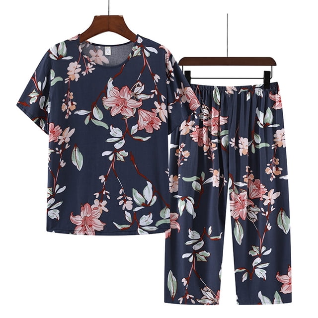 Weiqiqre Ensembles de Pyjama Mignons pour Femmes 2 Pcs Tenues en Lin Manches Courtes Imprimé Floral Ensembles de Détente Col Rond Costumes d'Été