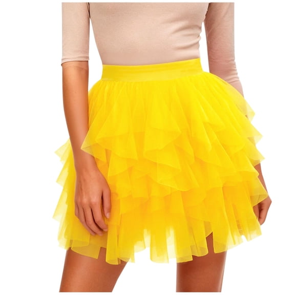 AUNVITO Women's High Waist Layered Tutu-Style Skirt Puffy Ruffle Mesh Spring Summer Casual Party