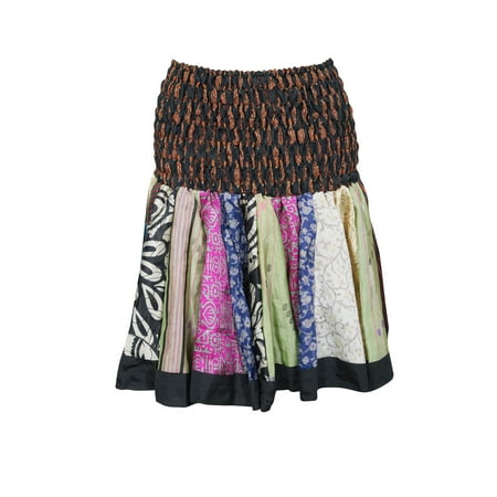 - Mogul Womens Vintage Silk Colorful Flowy Short Skirt Printed Ruched Waist Flirty Boho Chic Mini Skirts