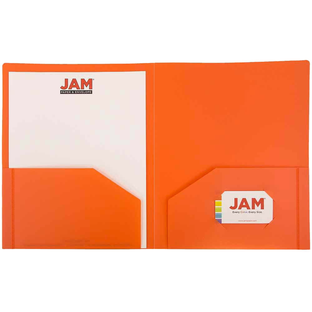 JAM Paper Heavy Duty Plastic 2 Pocket Extra Tough School Folders, Orange, Bulk 48/Pack