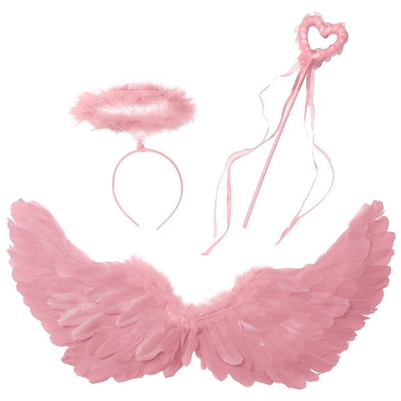 TiaoBug Angel Feather Wings with Headband Fairy Stick Accessory Set for Themed Party Fancy Dress-up Pink S
