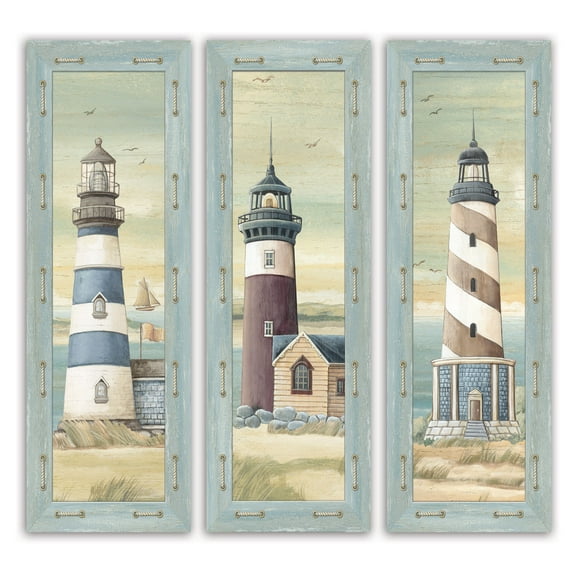 Gango Home Decor Light Blue Lighthouse Coastal Adult Wall Art Panels; 3- 6" x 18" Unframed Posters
