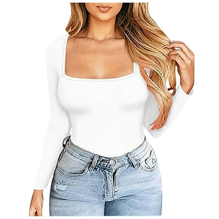 

Women s Basic Squar Neck Shirts Tops Casual Long Sleeve Shirts Solid Color Blouse Flowy Slim Fitted Plus Size Layer Stretchy Tees for Fall