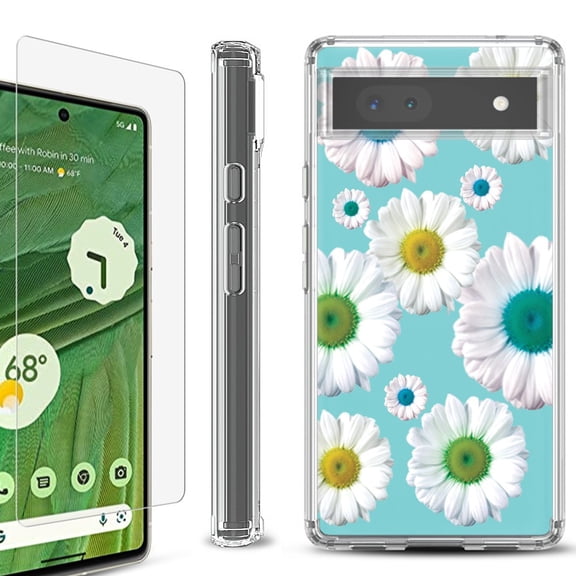 Shockproof Bumper Phone Case for Google Pixel 6a, with Tempered Glass Screen Protector, by OneToughShield ® - Daisy/Teal
