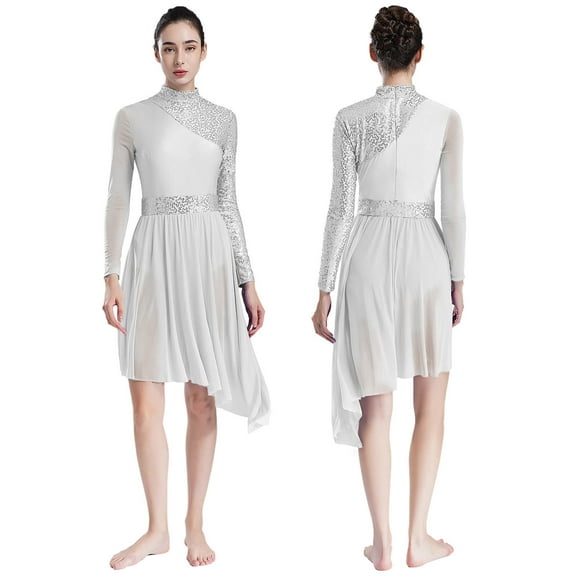 iiniim Women's Sequin Lyrical Contemporary Ballet Dance Dress Irregular Dancewear White L