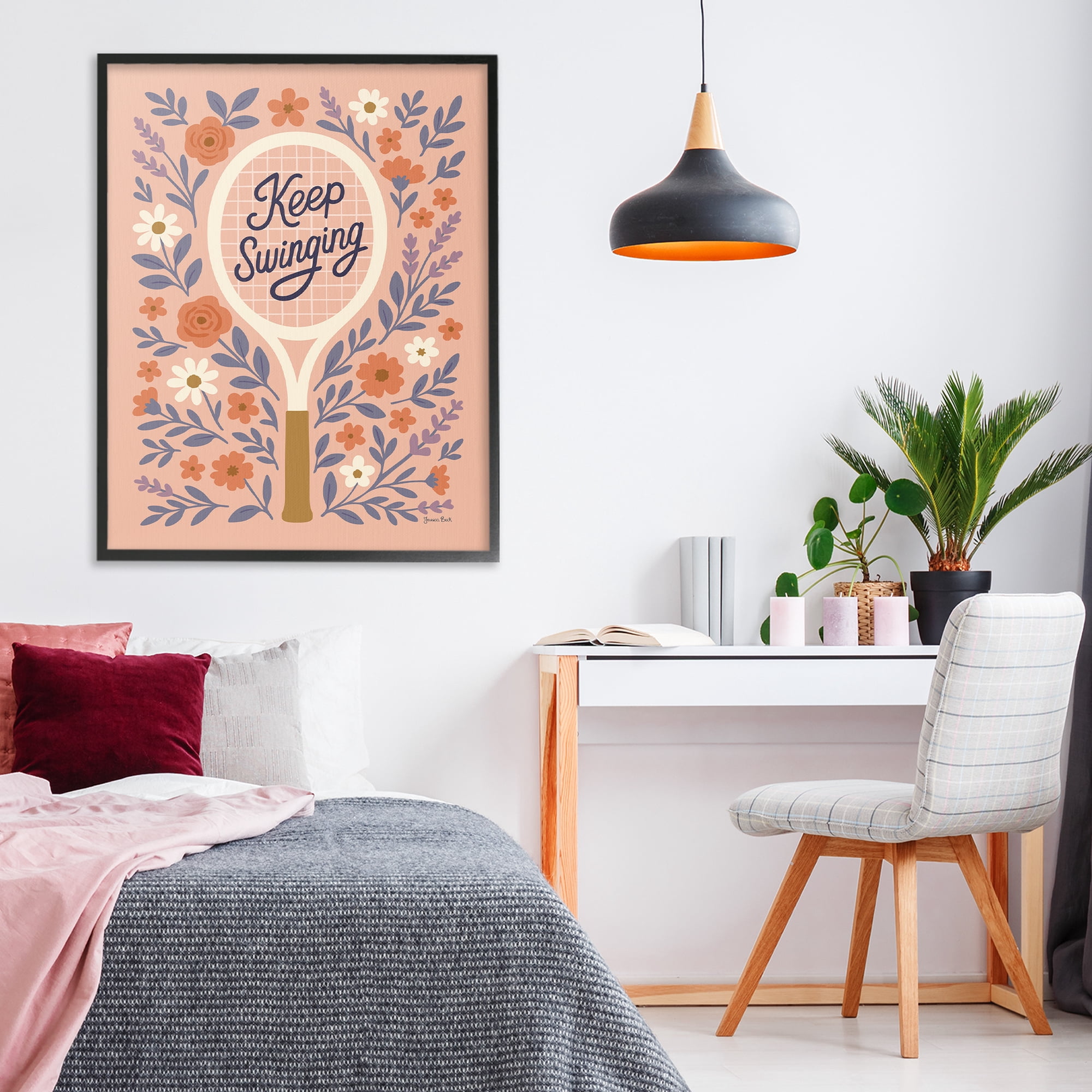 Stupell Industries Keep Swinging Floral Tennis Black Framed Giclee Art, design by Jessica Beck