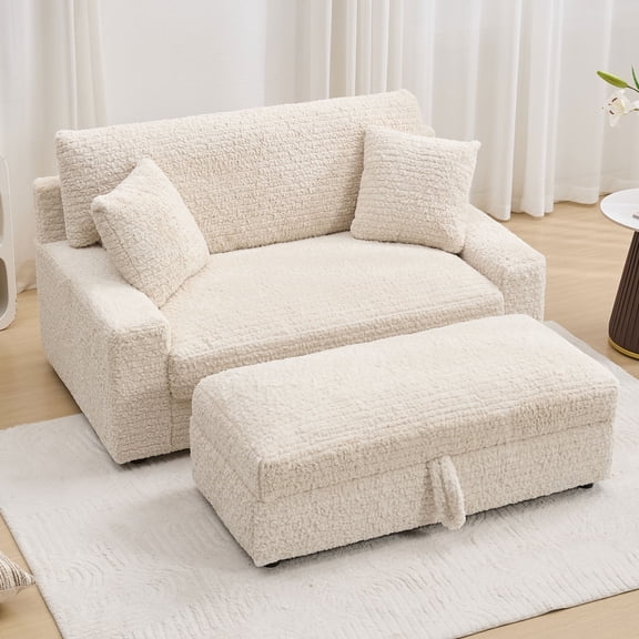 61.8" Lambswool Chaise Lounge Chair with Storage Ottoman, Convertible Sleeper Chair for Apartment, Includes 2 Pillows