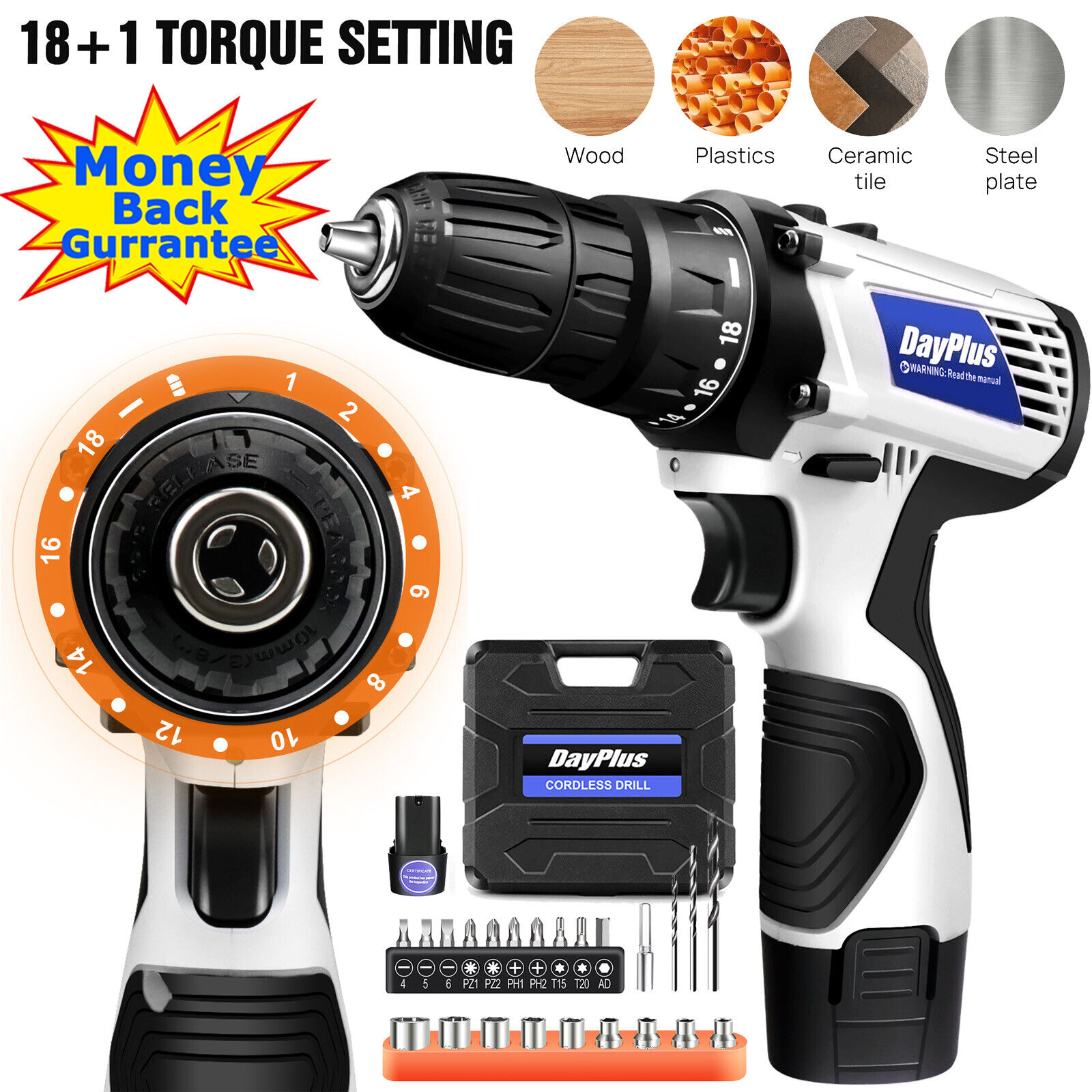 Dayplus 12V Cordless Drill 3/8" Electric Screwdriver Max 45Nm Power