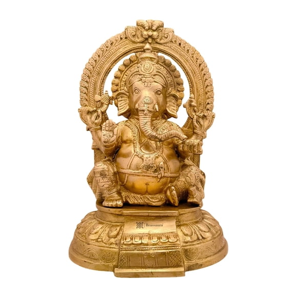 Golden Ring Ganesha Sitting On Singhasan Idol, Ganesh Bhagwan Ganpati Murti, Brass, Gold - 33 Cm, For Home Décor, Pooja Decoration Entrance Showpiece & Gift, Occasion, Eco Friendly, Washable