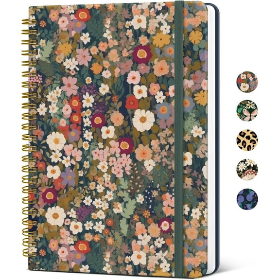 Lined Spiral Journal Notebook for Women, A5 Cute College Ruled Hardcover Notebook for Work & Note Taking, Pretty Journal for Writing, 140 Pages, Flower Garden