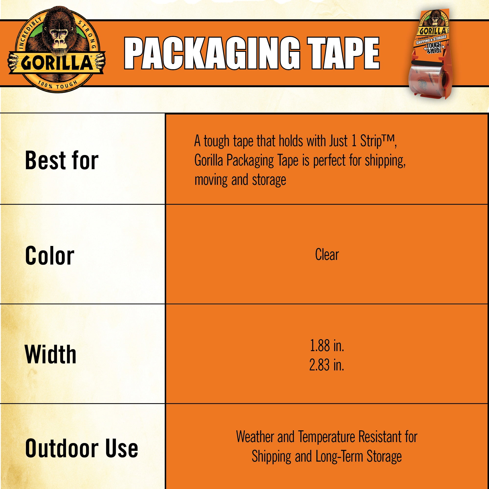 (2 pack) Gorilla Heavy Duty Clear Packaging Tape, Clear Color 25 Yard Roll