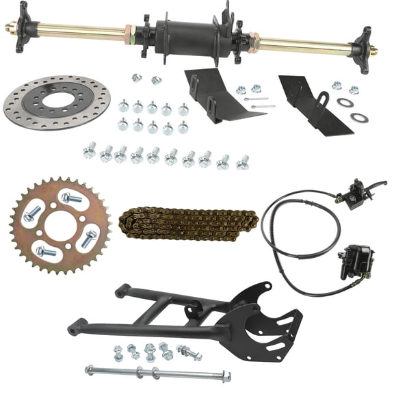 28" Rear Axle Kit with Rear Swingarm Frame Bracket, Brake Disc, 3 Stud Wheel Hubs, 420 37T Sprocket, 132L Chain & Hand Brake Assembly for 110cc 125cc 150cc ATV Quad Go Kart Buggy 4 Wheeler