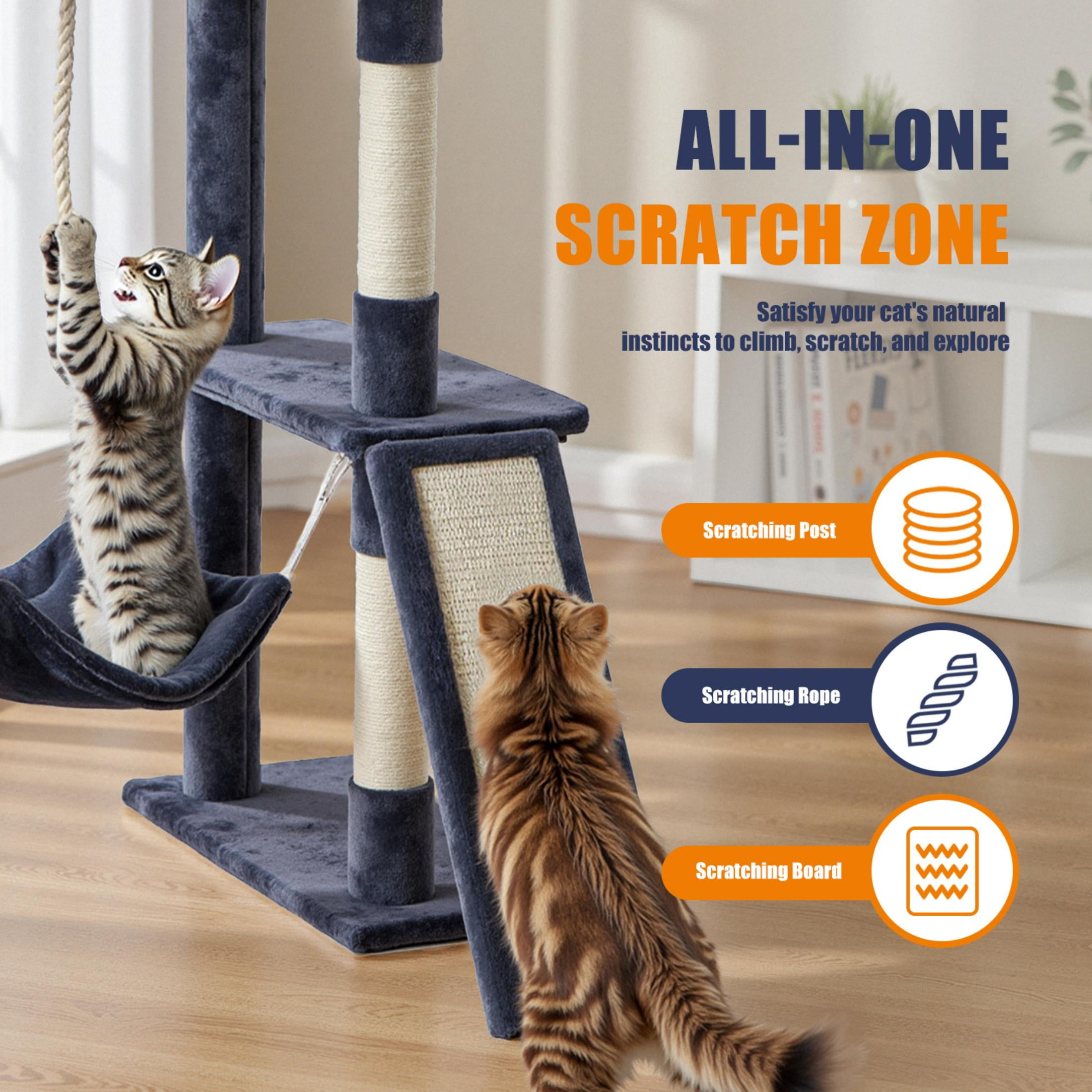 EDX 63" Cat Tree Tower for Indoor Cats, Multi-Level Durable Cat Climbing Tower, Large Pet House with Natural Sisal Scratching Post, Cozy Condo, Extended Platform, Kitten Toy and Hammock, Dark Blue