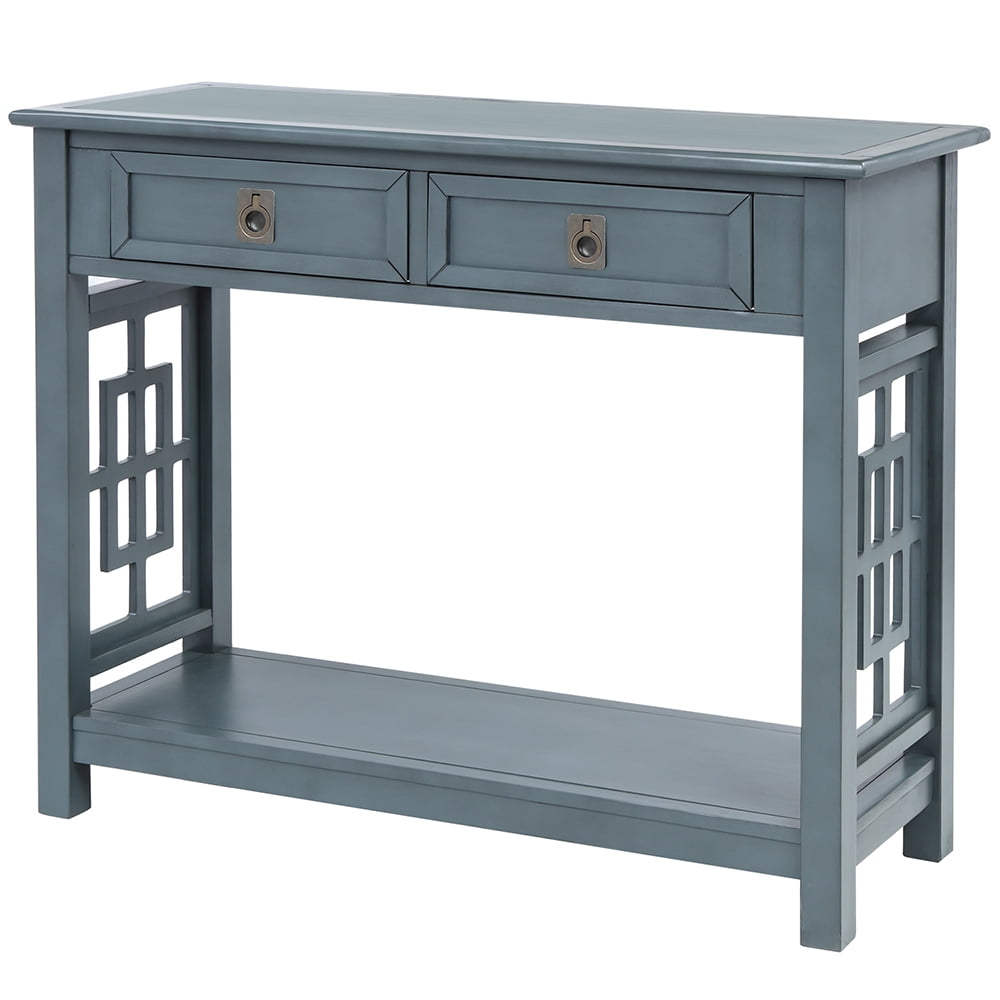 Lowestbest Side Console Table, Solid Wood Console Sofa Table with Bottom Shelf, Entryway Accent Sofa Table with 2 Drawers, Blue