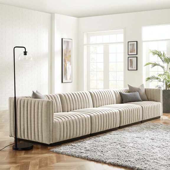 Modway Conjure Channel Tufted Upholstered Fabric 4-Piece Sofa in Black Beige