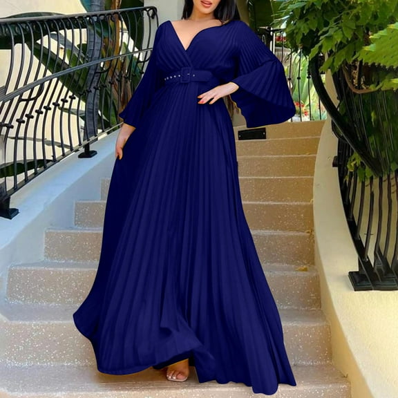 IDALL Wedding Guest Dresses,Prom Dresses Womens Deep V Neck Plus Size Evening Dress Long Sleeves With Belt Plus Size Dresses,Maxi Dresses,Formal Dresses Blue Dress L